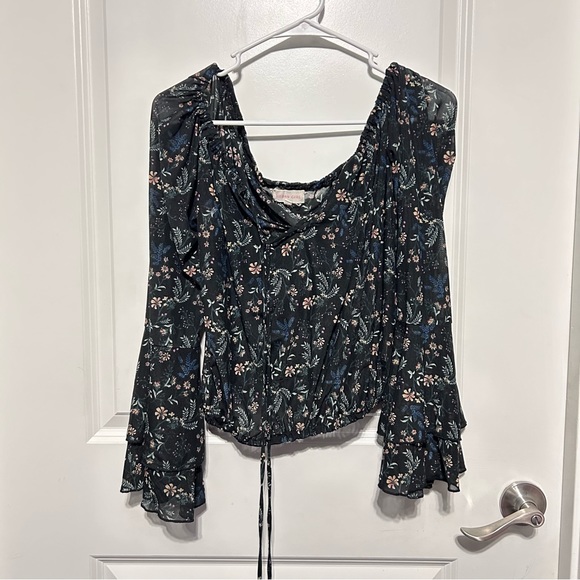 Urban Girl Black & Multicolor Flower Floral Long Sleeve Flowy Boho Blouse - Picture 1 of 5